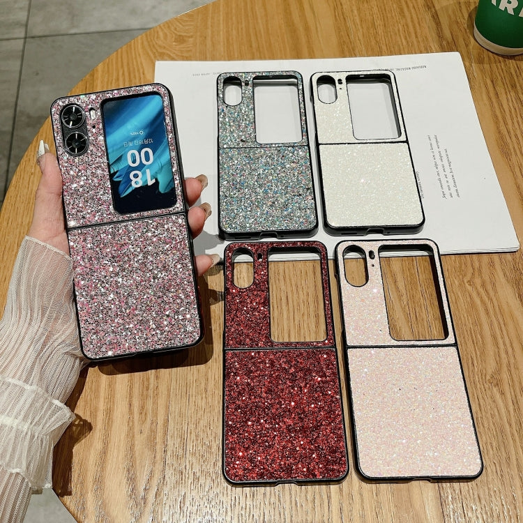 Silver Glitter Frosted Shockproof Phone Case for OPPO Find N2 Flip, showcasing its stylish design and protective features.