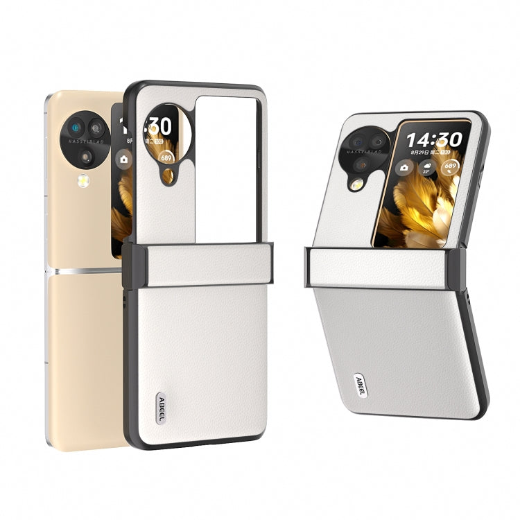 ABEEL Hinge Genuine Leather Case for OPPO Find N3 Flip in elegant black, showcasing its premium cowhide material and raised edges.