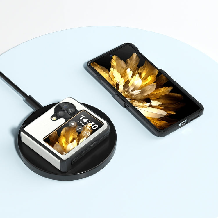 ABEEL Hinge Genuine Leather Case for OPPO Find N3 Flip in elegant black, showcasing its premium cowhide material and raised edges.