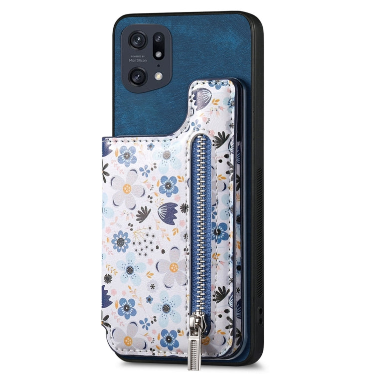Blue retro painted zipper wallet case for OPPO Find X5 Pro, showcasing its stylish design and functional features.