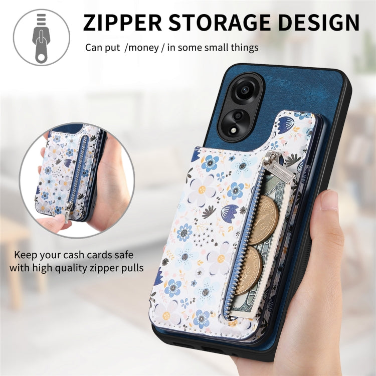 Blue retro painted zipper wallet case for OPPO Find X5 Pro, showcasing its stylish design and functional features.