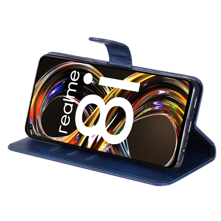 OPPO Realme 8i Calf Texture Zipper Horizontal Flip Leather Phone case in black with card slots and flip stand feature.