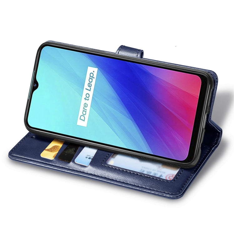 For OPPO Realme C3 Retro Solid Color Leather Buckle Phone Case showcasing vintage leather design with copper buckle and card slot.