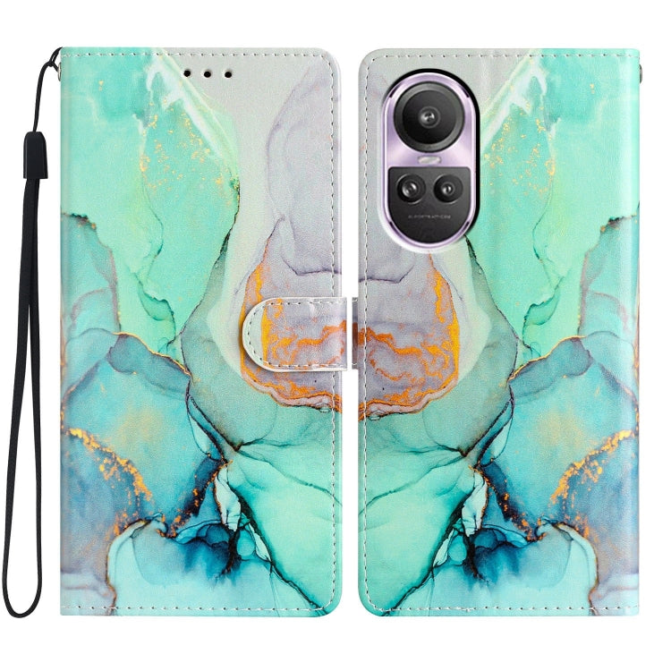 Colored drawing leather phone case for OPPO Reno10 and Reno10 Pro, featuring card slots and a wrist strap.