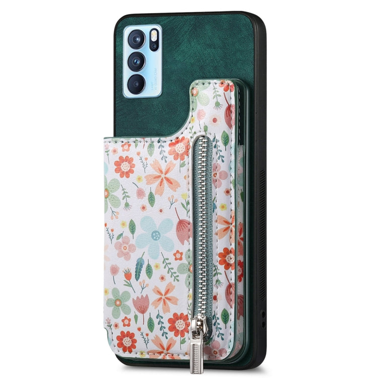 Green retro painted zipper wallet case for OPPO Reno6 5G, showcasing its stylish design and functional features.