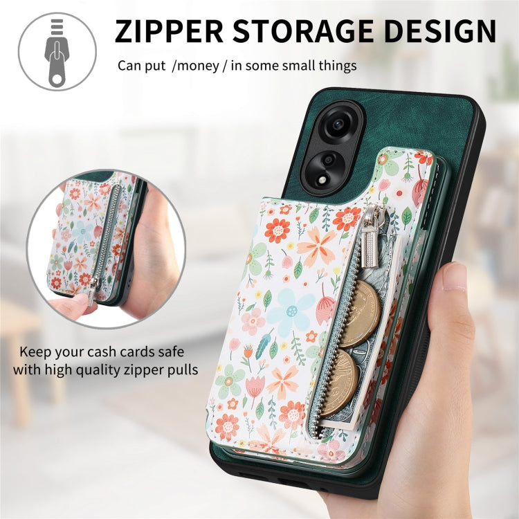 Green retro painted zipper wallet case for OPPO Reno6 5G, showcasing its stylish design and functional features.