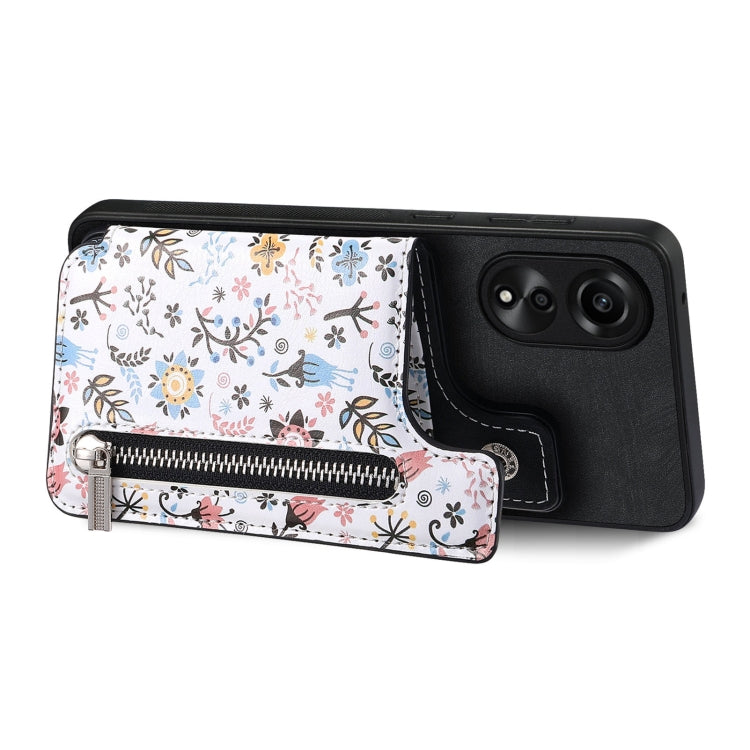 Black Retro Painted Zipper Wallet Back Phone Case for OPPO Reno7 4G, showcasing its stylish design and functional features.