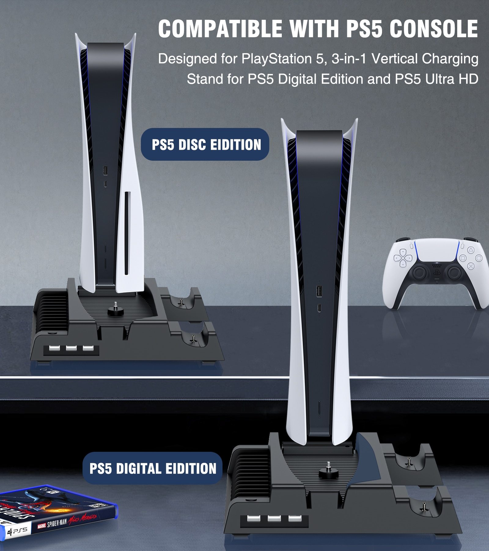 For PS5 Cooling Fan Vertical Stand with Dual Charging Dock and Game Card Slots, designed for PlayStation 5 controllers.