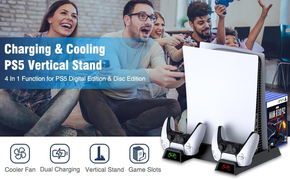 For PS5 Cooling Fan Vertical Stand with Dual Charging Dock and Game Card Slots, designed for PlayStation 5 controllers.