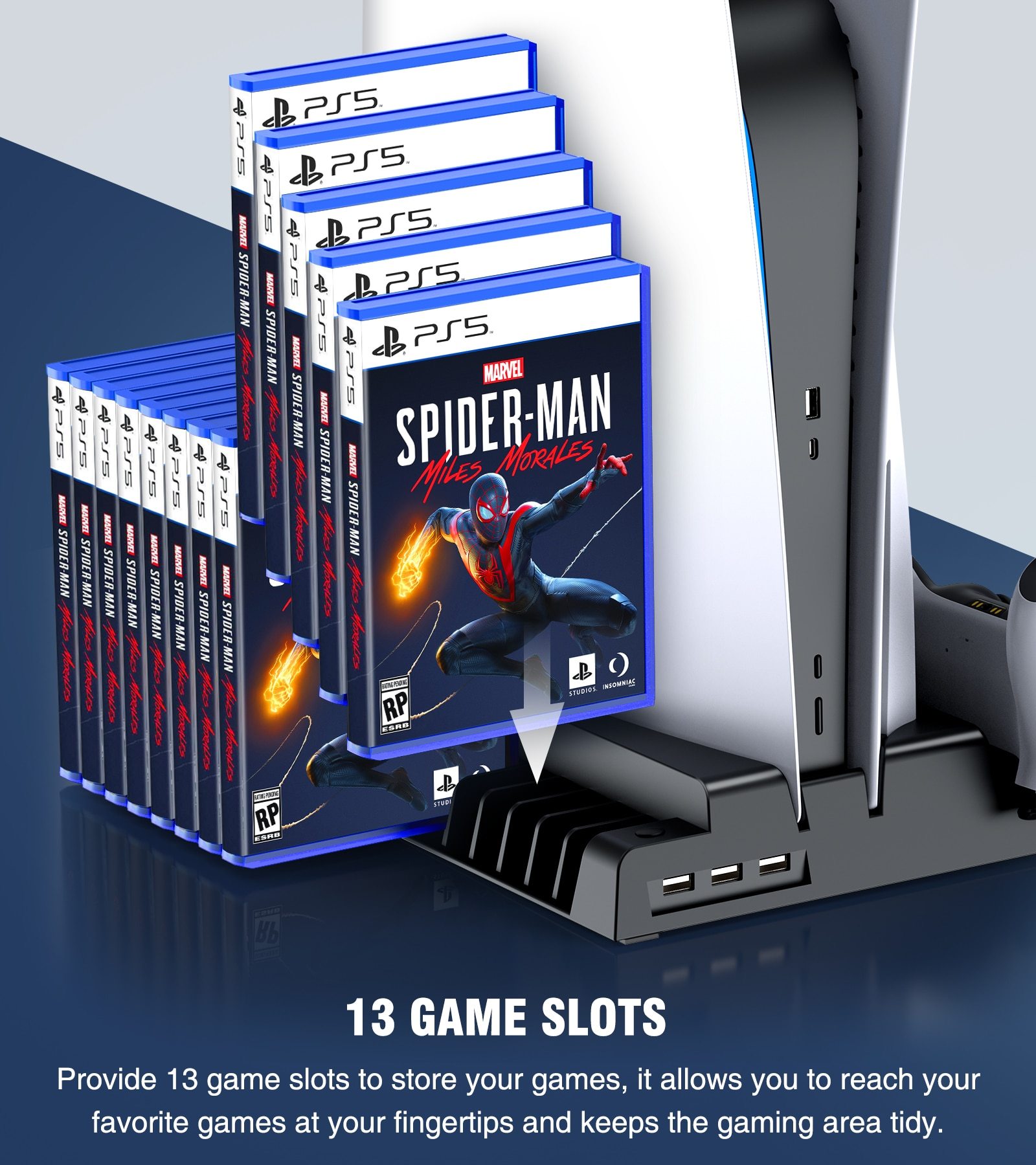 For PS5 Cooling Fan Vertical Stand with Dual Charging Dock and Game Card Slots, designed for PlayStation 5 controllers.