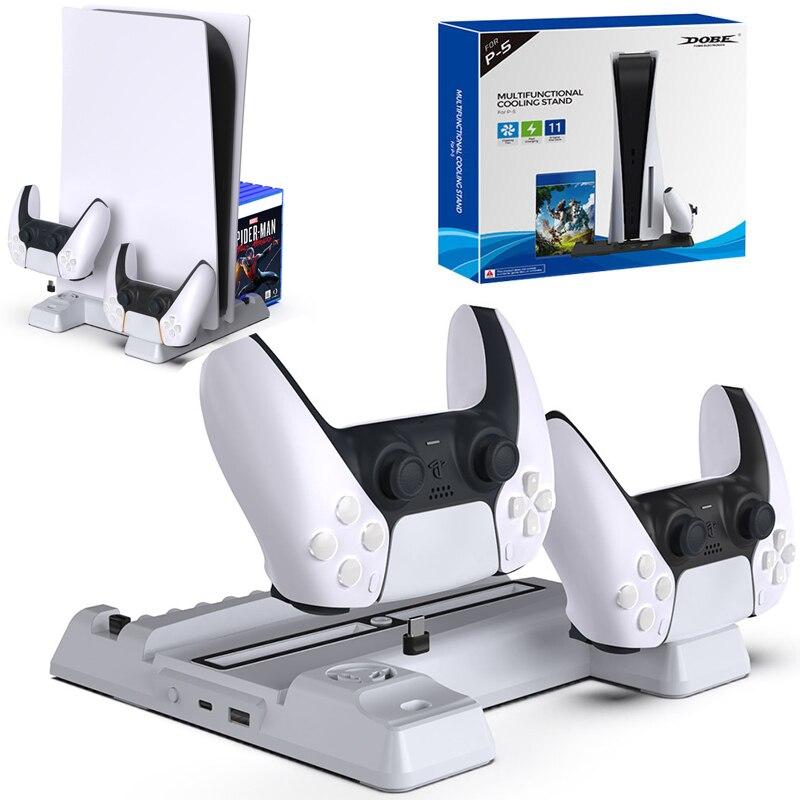 PS5 DE/UHD Vertical Stand with Cooling Fan and Charging Dock, featuring an earphone holder and sleek design.