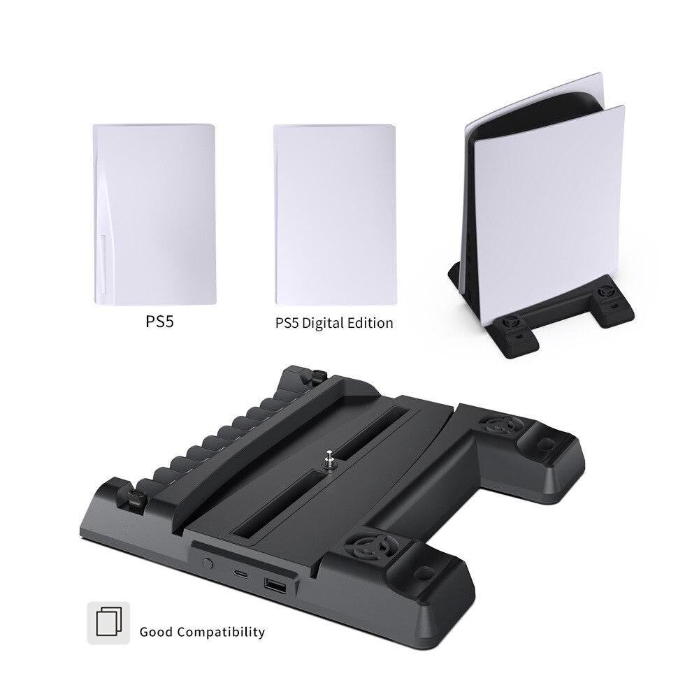 PS5 DE/UHD Vertical Stand with Cooling Fan and Charging Dock, featuring an earphone holder and sleek design.