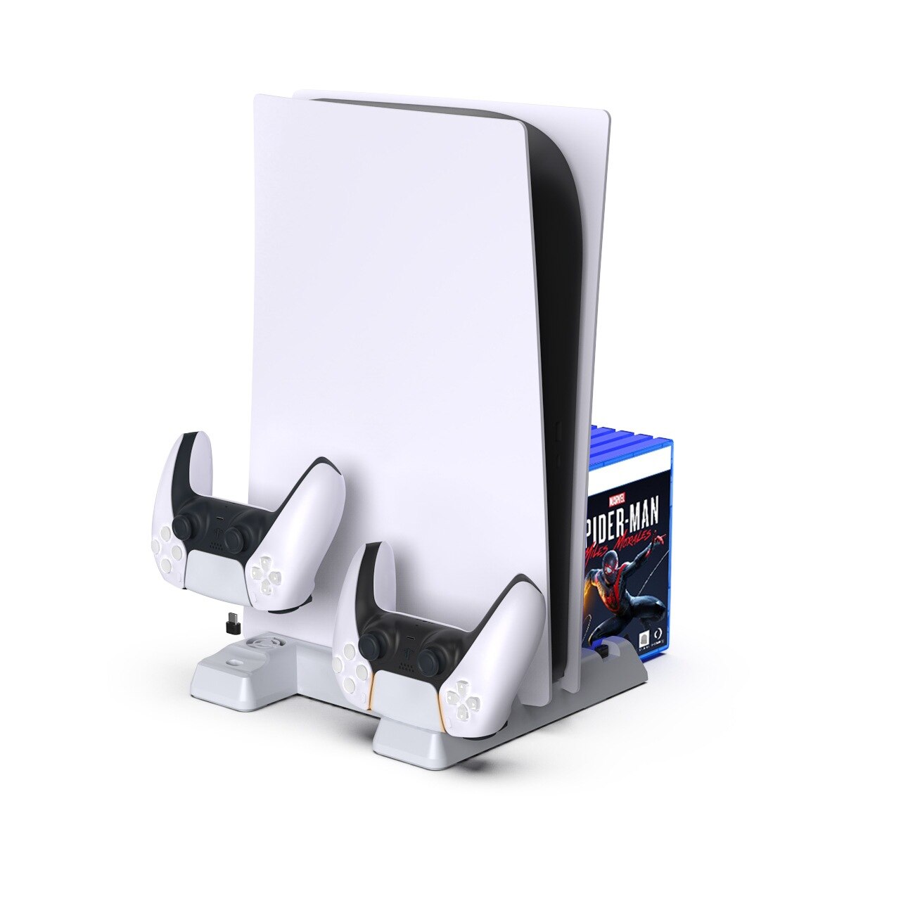 PS5 DE/UHD Vertical Stand with Cooling Fan and Charging Dock, featuring an earphone holder and sleek design.