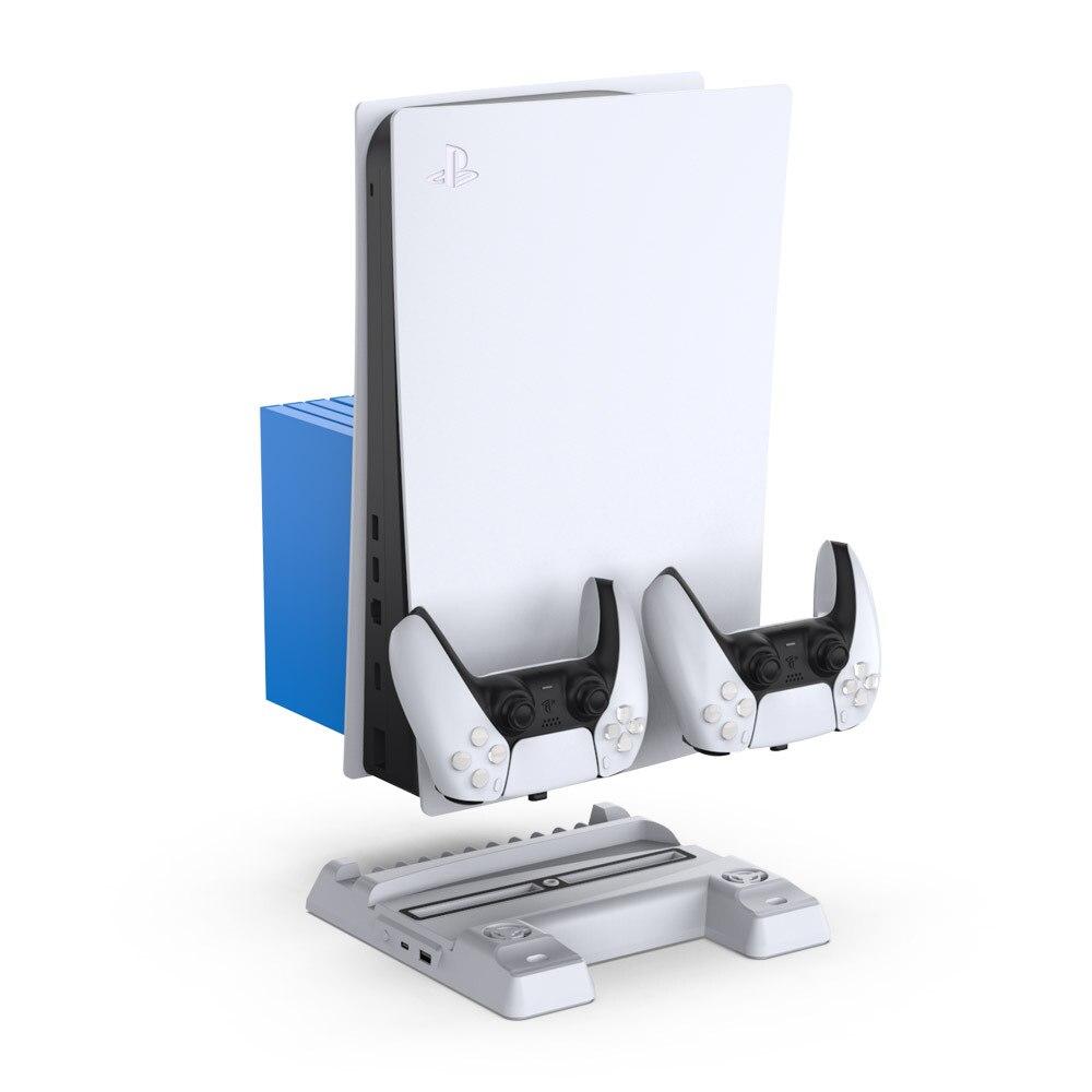 PS5 DE/UHD Vertical Stand with Cooling Fan and Charging Dock, featuring an earphone holder and sleek design.