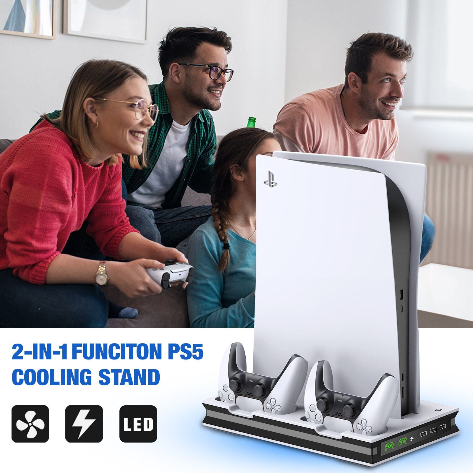 For PS5 Vertical Stand with Suction Cooling Fan and Dual Controller Charger, designed for PlayStation 5 console.