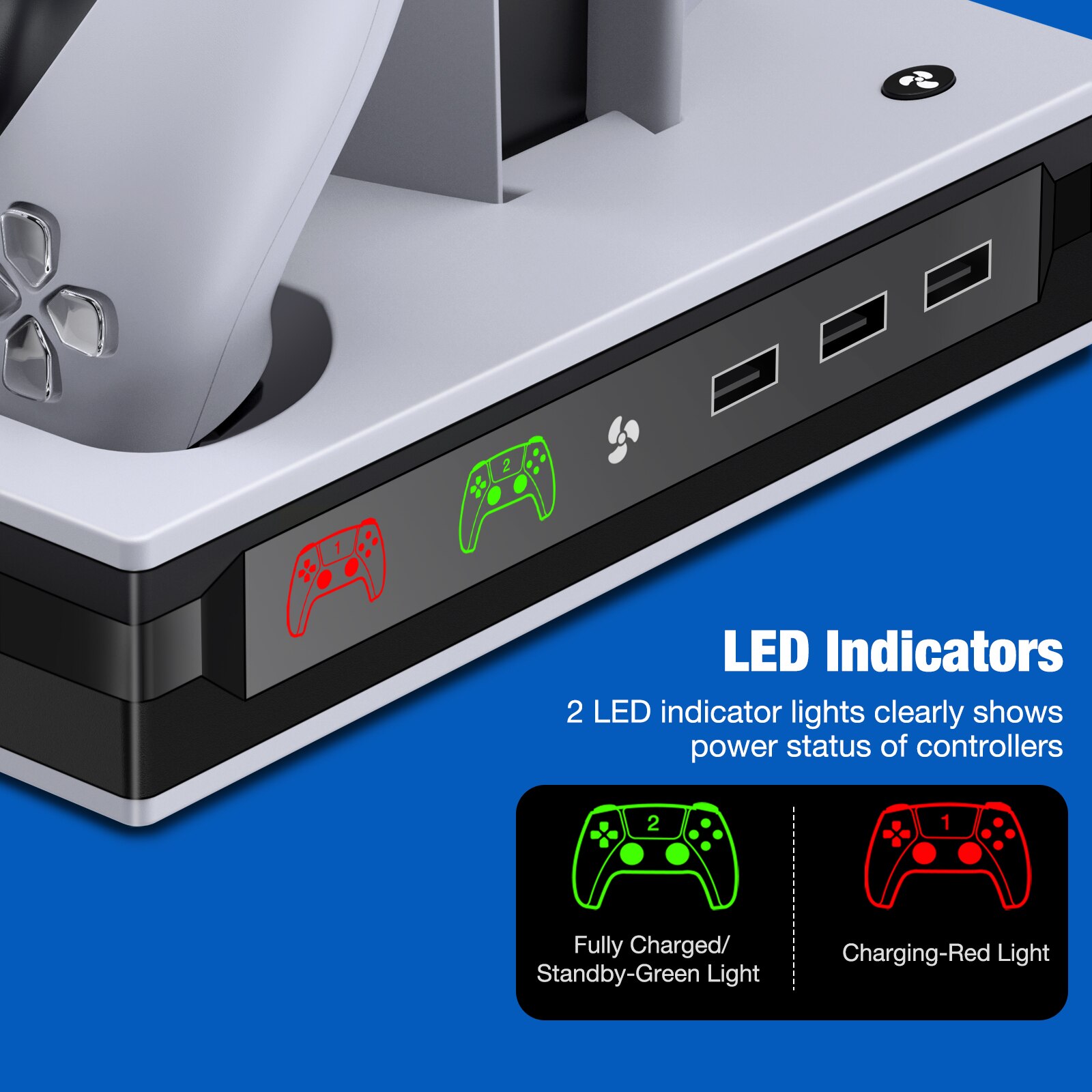 For PS5 Vertical Stand with Suction Cooling Fan and Dual Controller Charger, designed for PlayStation 5 console.