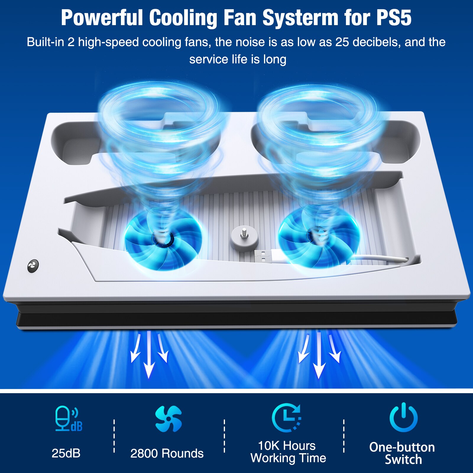 For PS5 Vertical Stand with Suction Cooling Fan and Dual Controller Charger, designed for PlayStation 5 console.
