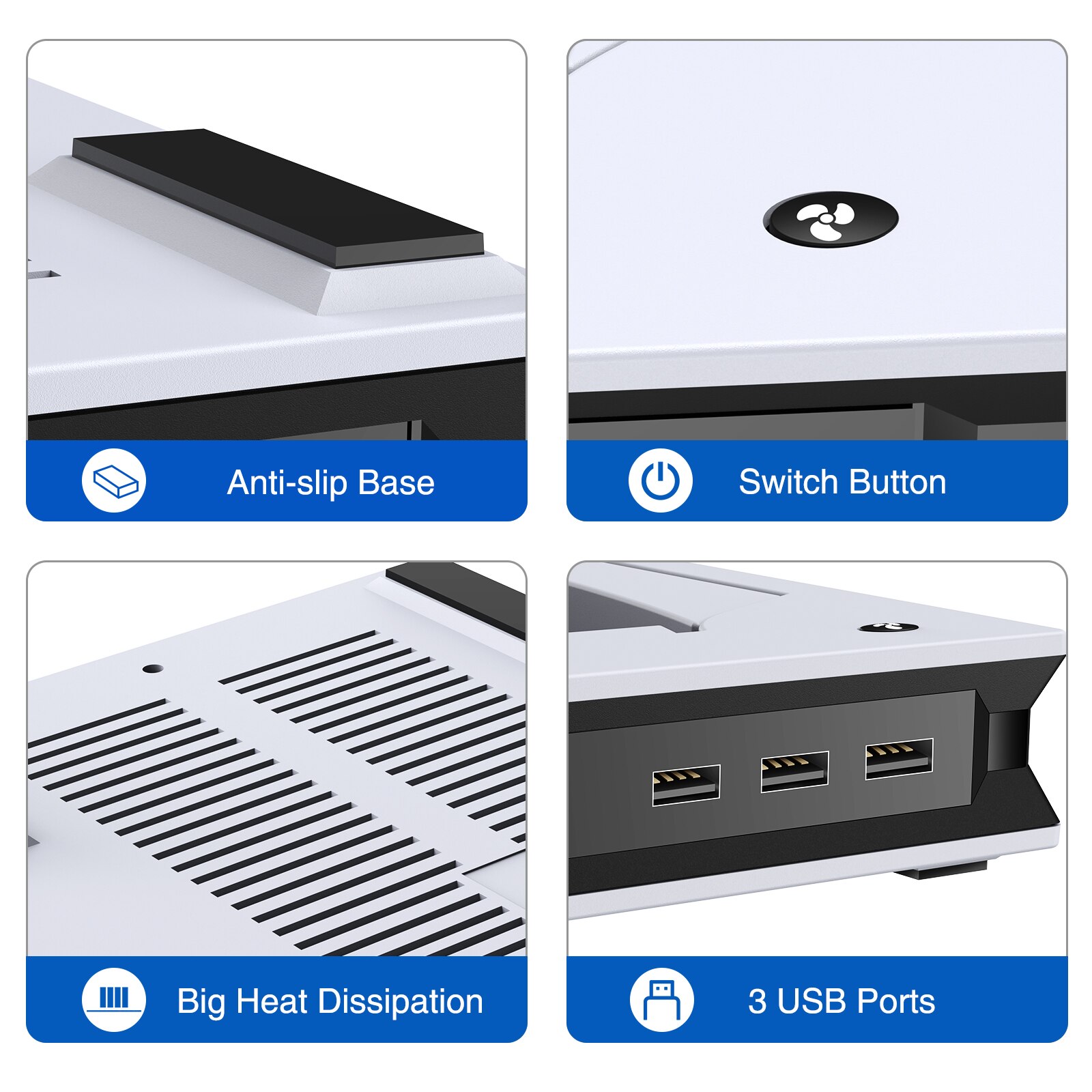For PS5 Vertical Stand with Suction Cooling Fan and Dual Controller Charger, designed for PlayStation 5 console.