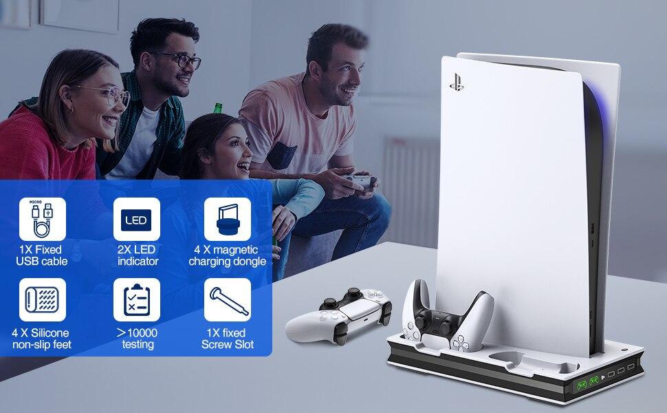 For PS5 Vertical Stand with Suction Cooling Fan and Dual Controller Charger, designed for PlayStation 5 console.