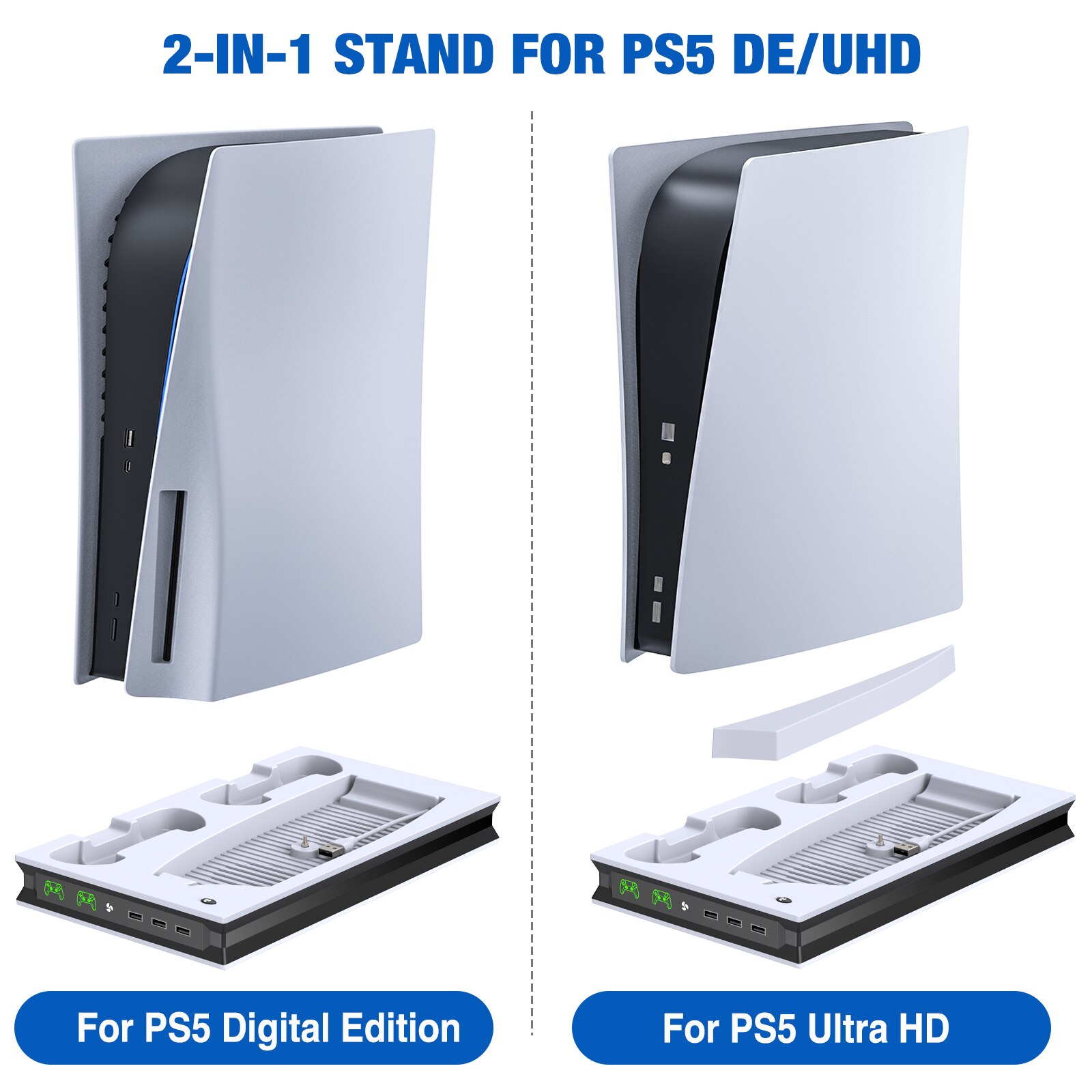 For PS5 Vertical Stand with Suction Cooling Fan and Dual Controller Charger, designed for PlayStation 5 console.