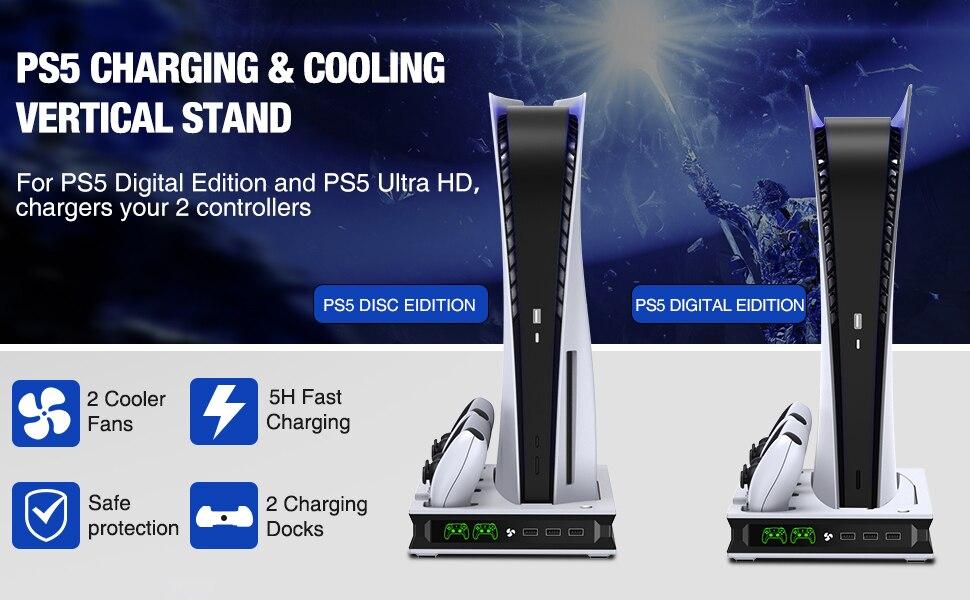 For PS5 Vertical Stand with Suction Cooling Fan and Dual Controller Charger, designed for PlayStation 5 console.