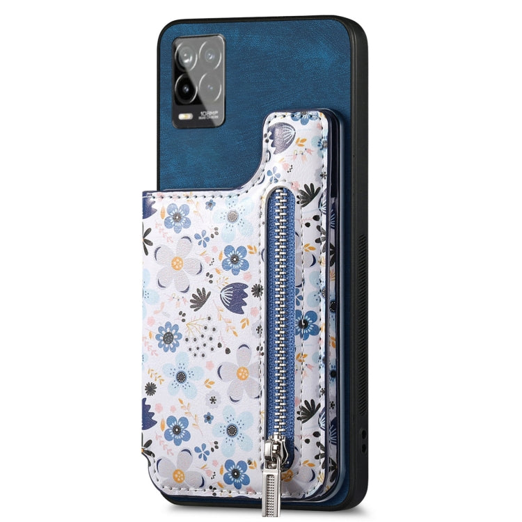 Blue retro painted zipper wallet case for Realme 8 Pro, showcasing its stylish design and functional features.