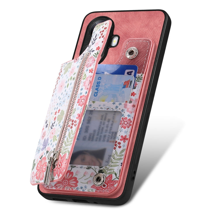 Pink retro painted zipper wallet case for Realme C35, showcasing card slots and kickstand feature.