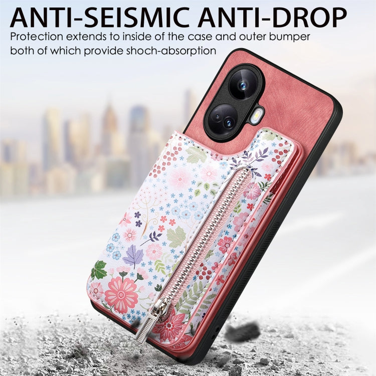 Pink retro painted zipper wallet case for Realme C35, showcasing card slots and kickstand feature.