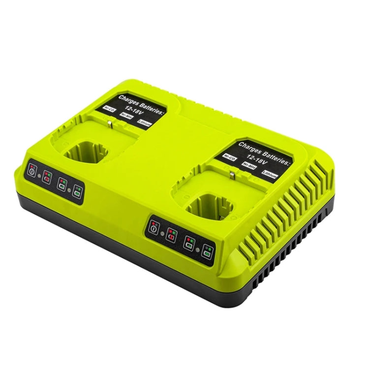 RYOBI P108/P117 Dual Port Charger for 12-18V Lithium Nickel Batteries, featuring a compact design and safety features.