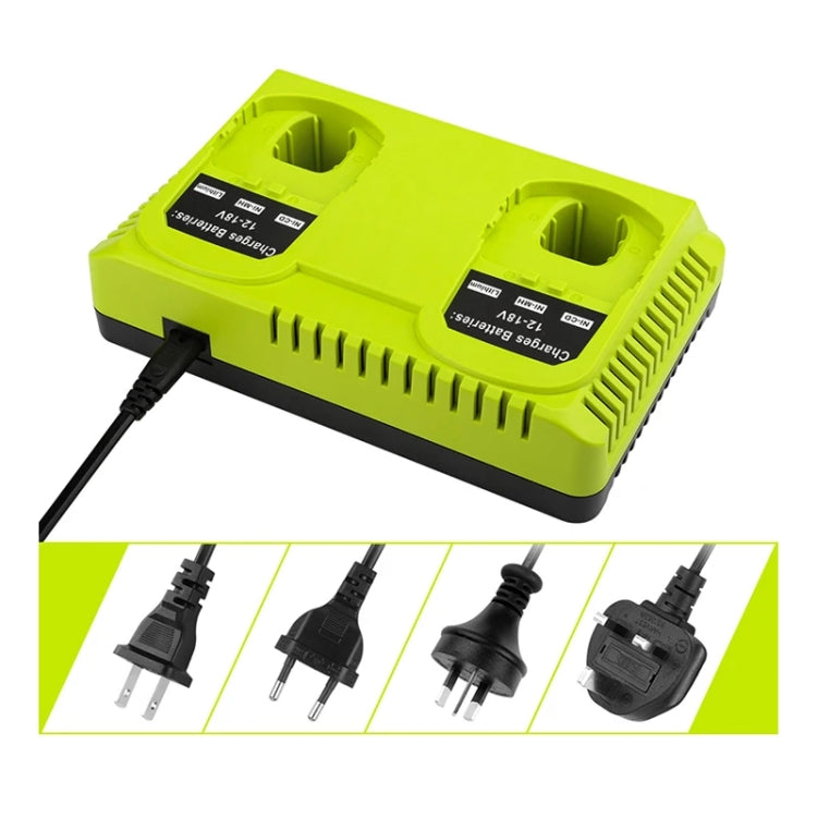 RYOBI P108/P117 Dual Port Charger for 12-18V Lithium Nickel Batteries, featuring a compact design and safety features.