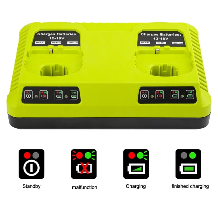 RYOBI P108/P117 Dual Port Charger for 12-18V Lithium Nickel Batteries, featuring a compact design and safety features.