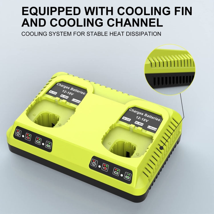 RYOBI P108/P117 Dual Port Charger for 12-18V Lithium Nickel Batteries, featuring a compact design and safety features.