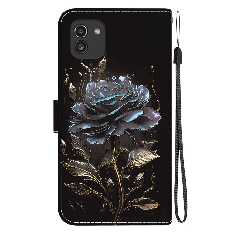 Samsung Galaxy A03 leather case with crystal texture and wallet function, showcasing card slots and kickstand feature.