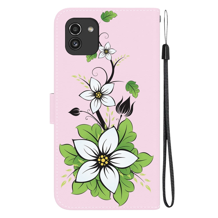 Samsung Galaxy A03 leather case with crystal texture and wallet functionality, showcasing card slots and kickstand feature.