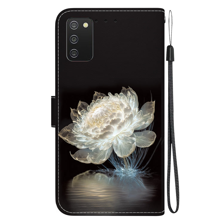 Samsung Galaxy A03s case featuring crystal texture design, card slots, and kickstand functionality, made from durable TPU and PU leather.