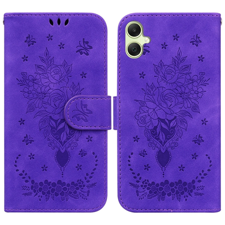 Butterfly Rose Embossed Leather Phone Case for Samsung Galaxy A05, showcasing elegant design and practical features.