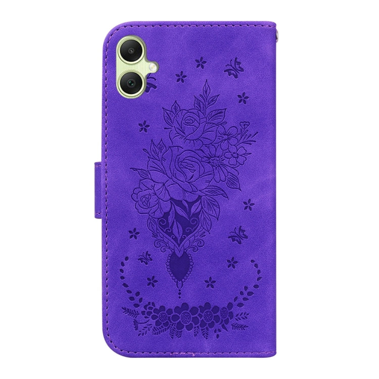 Butterfly Rose Embossed Leather Phone Case for Samsung Galaxy A05, showcasing elegant design and practical features.