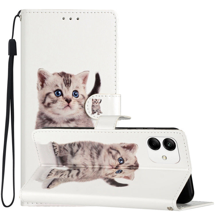 Samsung Galaxy A05 Colored Drawing Leather Phone Case featuring a cute little tabby design, showcasing its durable material and card slots.