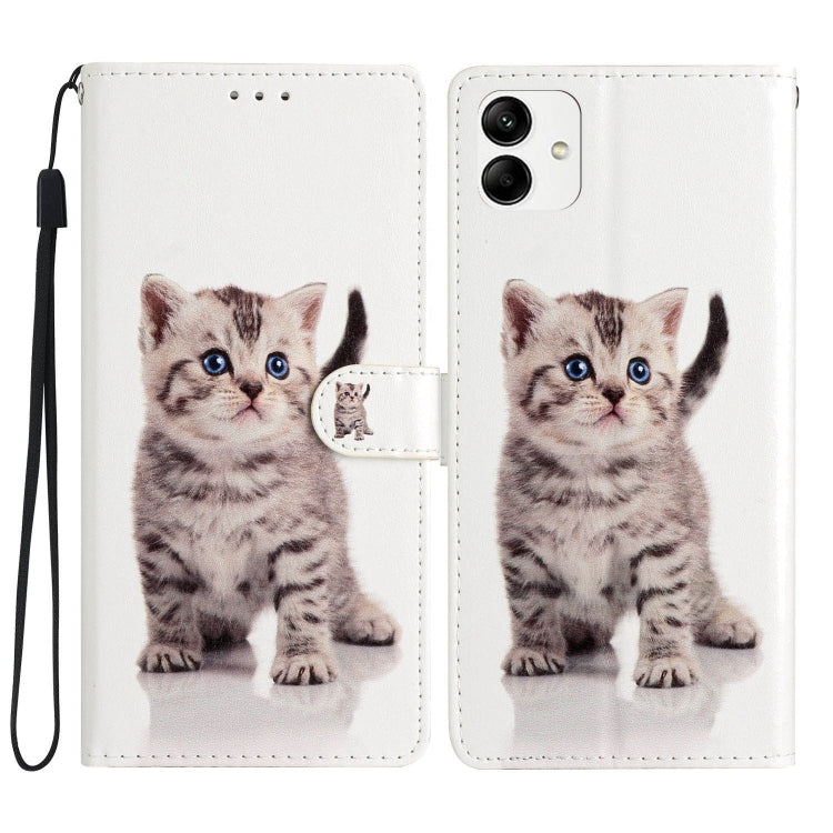 Samsung Galaxy A05 Colored Drawing Leather Phone Case featuring a cute little tabby design, showcasing its durable material and card slots.