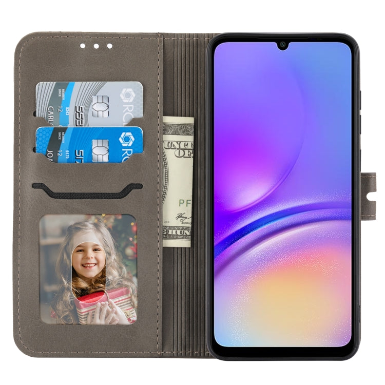 For Samsung Galaxy A05 flip leather phone case featuring an embossed Happy Cat pattern, showcasing its stylish design and functional features.