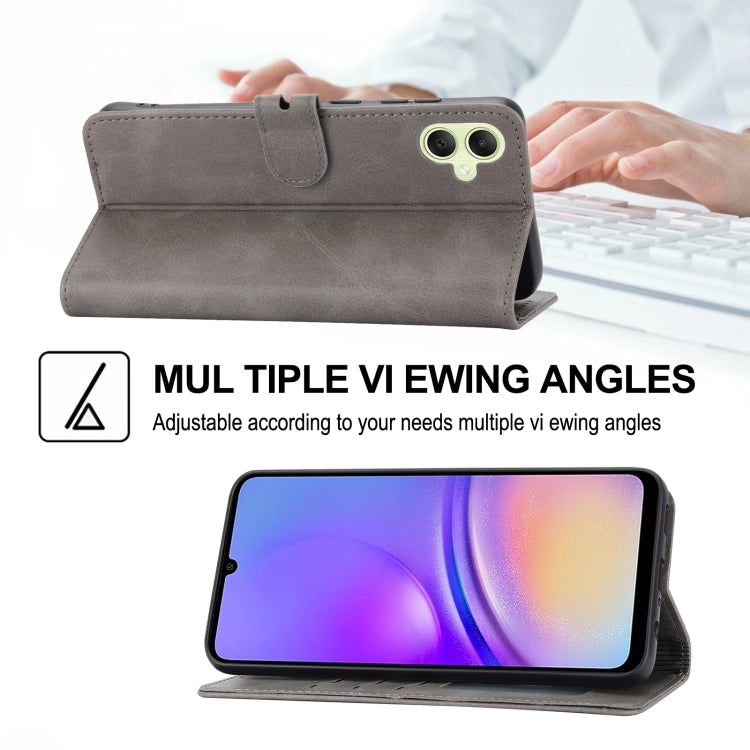 For Samsung Galaxy A05 flip leather phone case featuring an embossed Happy Cat pattern, showcasing its stylish design and functional features.