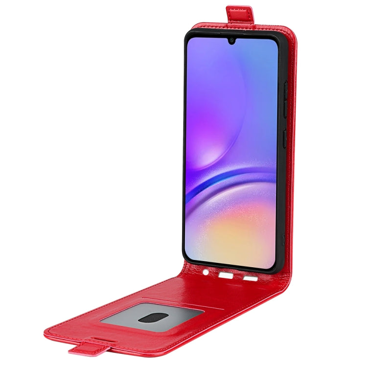 For Samsung Galaxy A05 R64 Texture Vertical Flip Leather Phone Case in black, showcasing its sleek design and card slot feature.