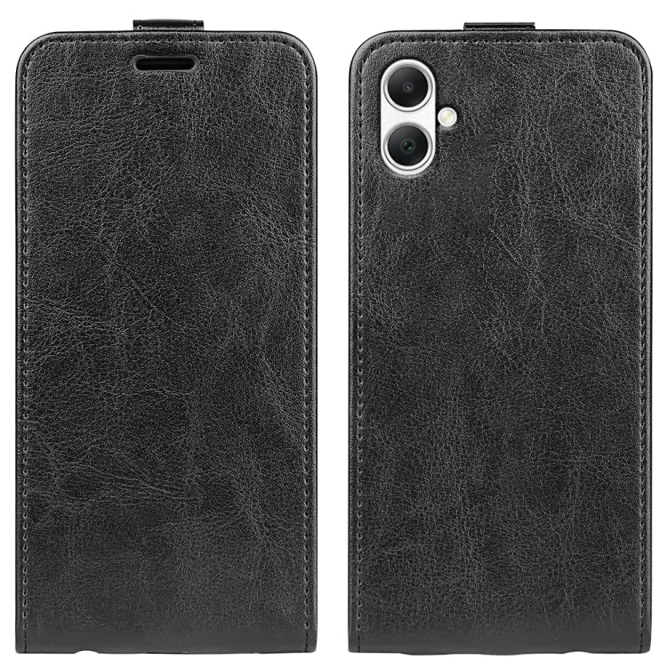 For Samsung Galaxy A05 R64 Texture Vertical Flip Leather Phone Case in black, showcasing its sleek design and card slot feature.