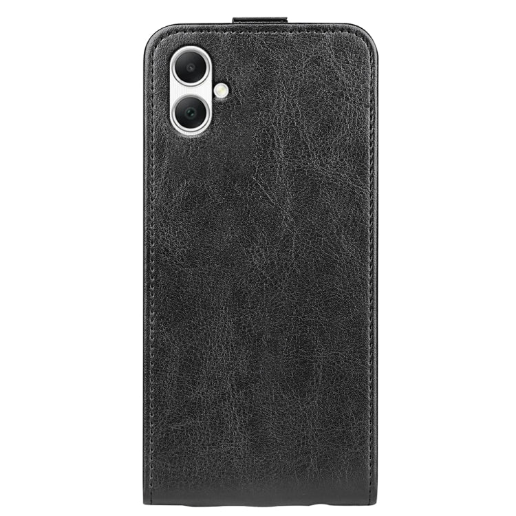 For Samsung Galaxy A05 R64 Texture Vertical Flip Leather Phone Case in black, showcasing its sleek design and card slot feature.