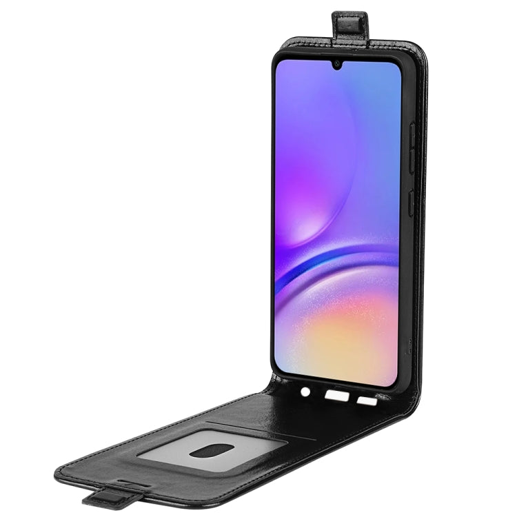 For Samsung Galaxy A05 R64 Texture Vertical Flip Leather Phone Case in black, showcasing its sleek design and card slot feature.