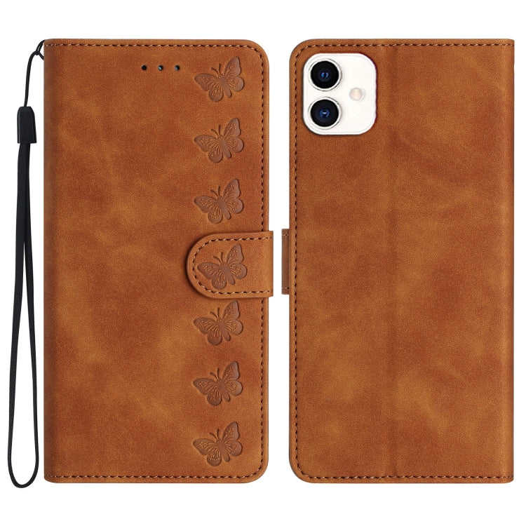 Samsung Galaxy A05 phone case featuring an embossed seven butterflies design, made of PU leather and TPU material, with wallet functionality.