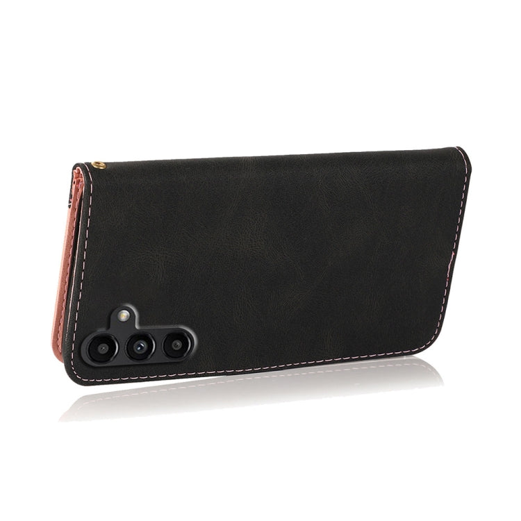 For Samsung Galaxy A05s Dual-color Stitching Leather Phone Case in black, showcasing its stylish design and functional features.