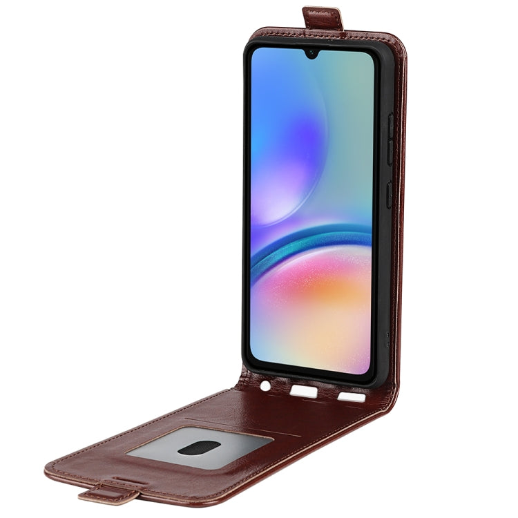 For Samsung Galaxy A05s R64 Texture Vertical Flip Leather Phone Case showcasing its durable PU and TPU material with card slot functionality.