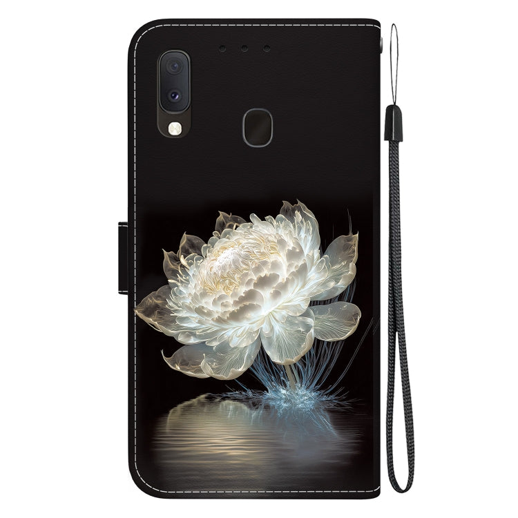 Samsung Galaxy A10e/A20e leather case with crystal texture and wallet functionality, showcasing card slots and kickstand feature.