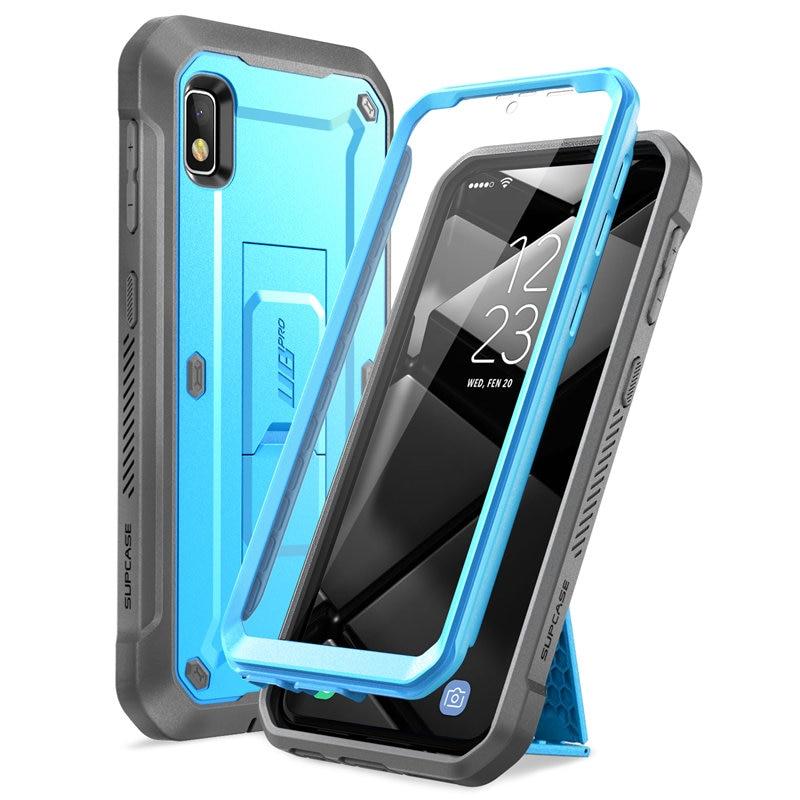 Samsung Galaxy A10e UB Pro Full-Body Rugged Holster Case with built-in screen protector and kickstand in various colors.